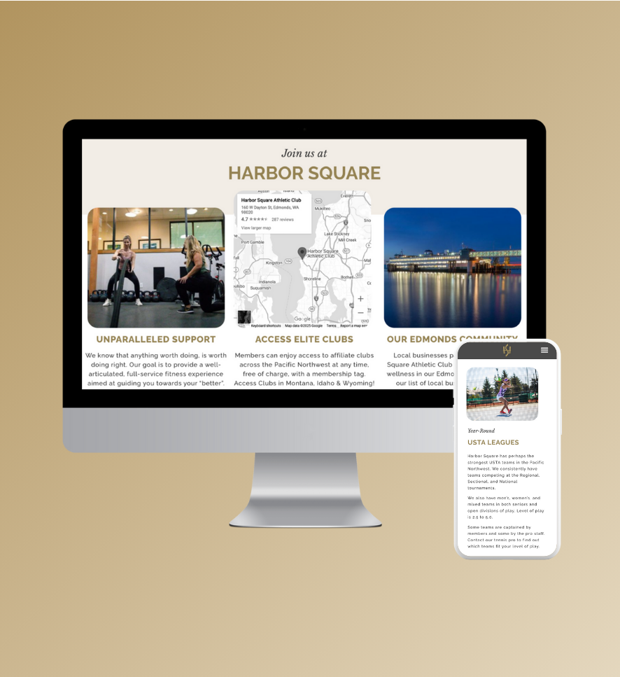 Harbor Square Athletic Club on Desktop and Mobile with gold gradient background